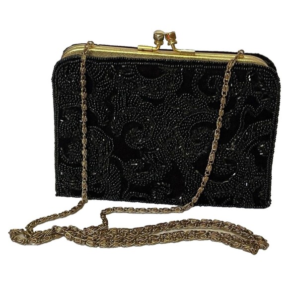 Vintage La Regale Black Beaded Evening Bag Handmade Kiss Lock Chain Purse - Picture 1 of 7